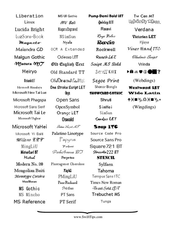 Microsoft word font types list